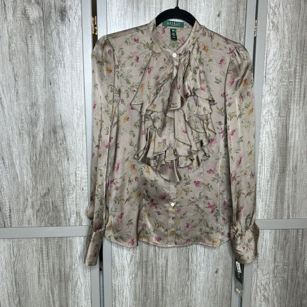 Ralph Lauren Silk Top Size 6 Petite Ruffle Button Down Floral Taupe NWT